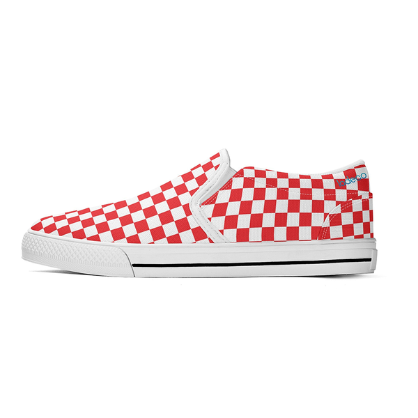 N-White canvas slip-ons (red check)